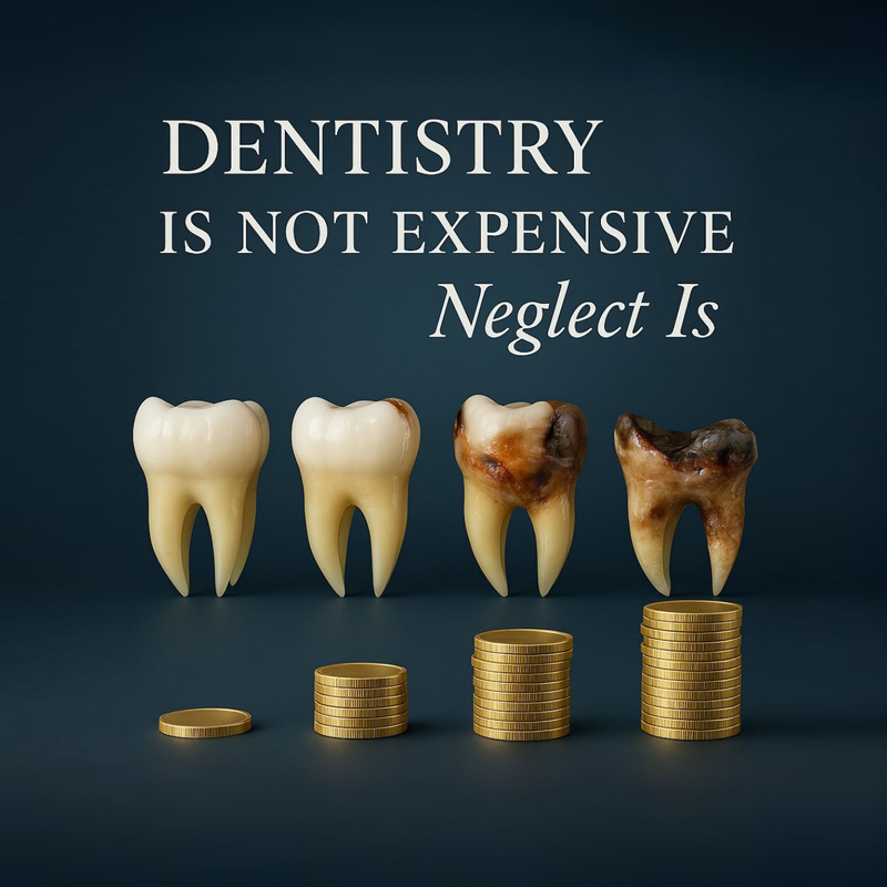 Dentistry is not expensive, neglect is. Image shows teeth in different states of decay and associated money to fix each