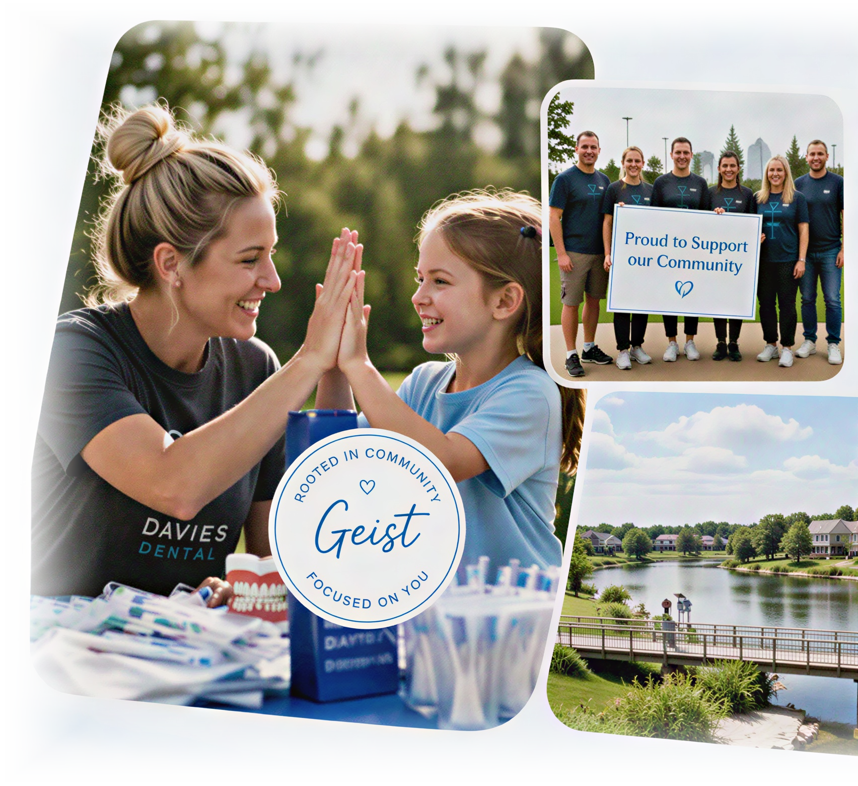 Davies Dental team members volunteering with local families, a team photo holding a Proud to Support our Community sign, and a Geist-area lakeside